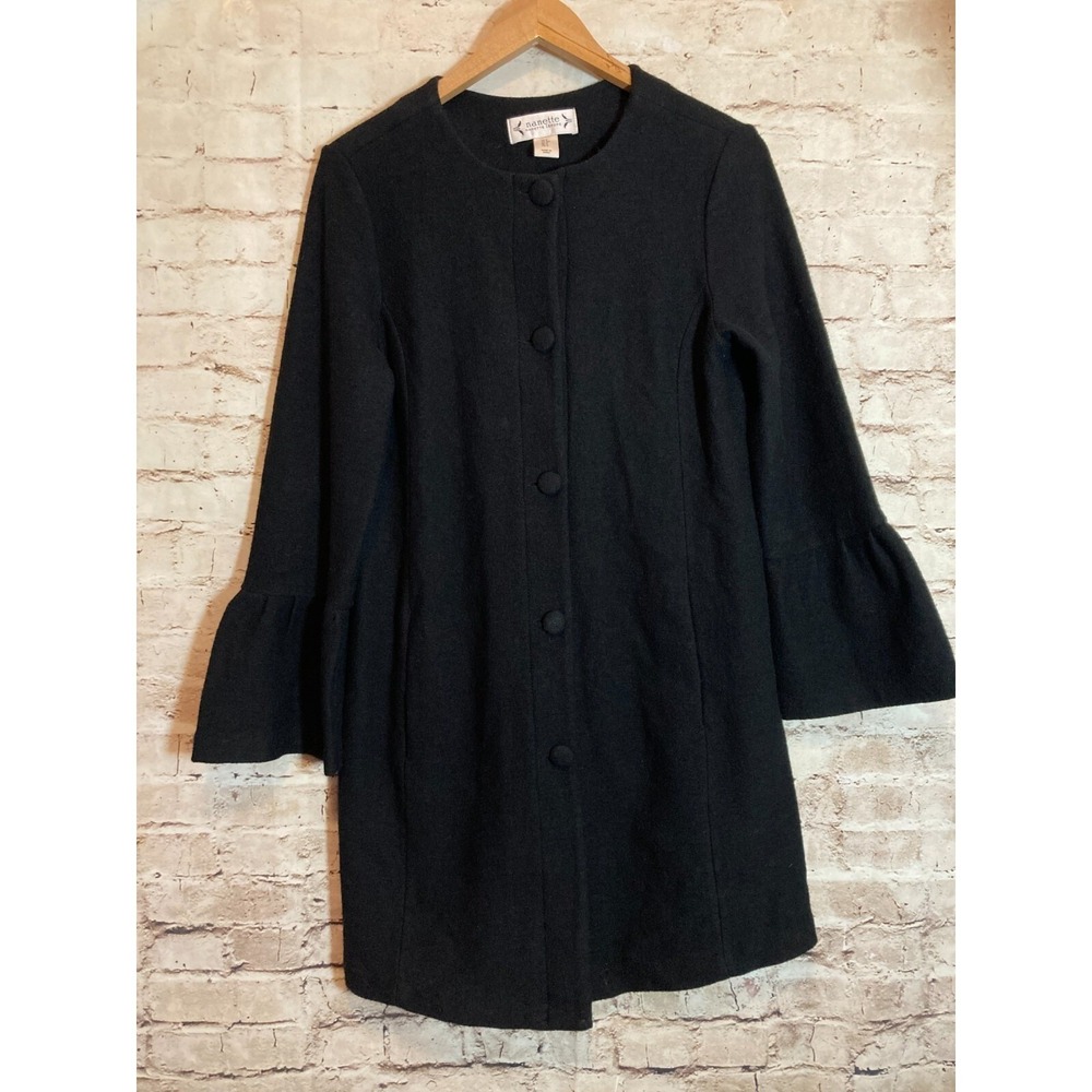 Nanette Lepore Boiled Wool Pea Coat Womens Small Black Bell Sleeve Button Front